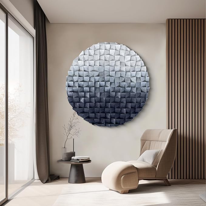 LIUZEYUE Large Round Wood Wall Art Featuring Sculptural Gray Gradient | extra large round wood wall art; silver gray and black, visual rhythm; restaurant banquet round focal wall; 47.2 in diameter - Image 5
