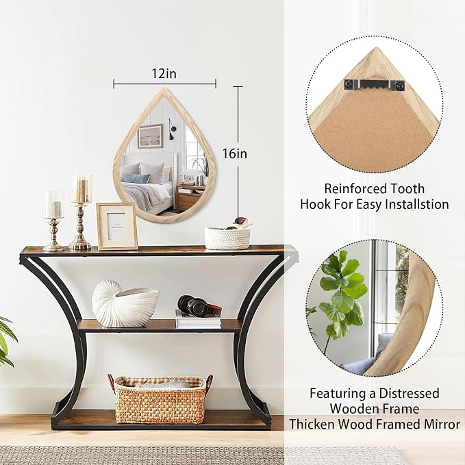Teardrop Wall Mirror Small Natural Wood Framed Wall Hanging Mirror Irregular Mirrors for Wall Decorative Farmhouse Bedroom Bathroom Entryway Mirrors - Image 5
