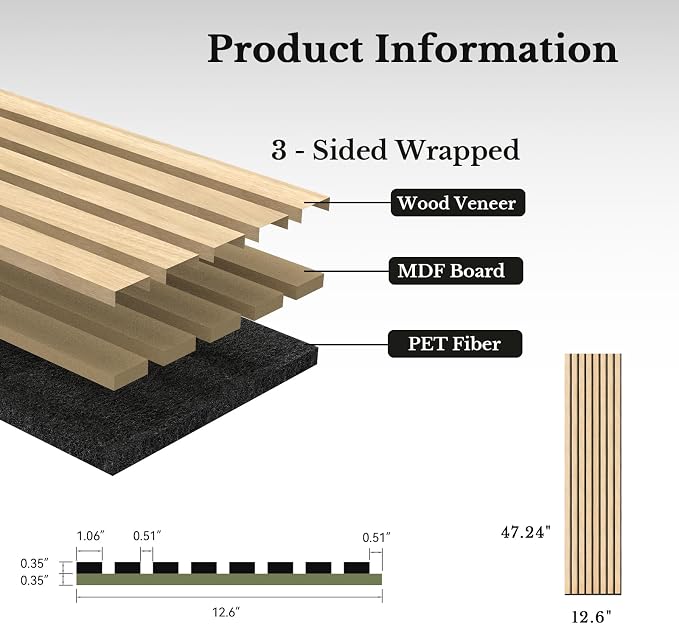 MISSDAY Wood Slat Acoustic Wall Panels, 2 Packs 47.2" x 12.6" Oak Soundproof Panel For Interior Wall Decor Noise Absorbing-3D Textured Wooden Panel Sound-Absorbing for Home, Office, Studio - Image 6