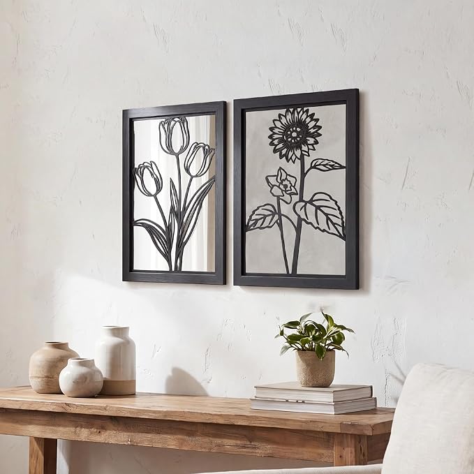 2 Set Farmhouse Mirrors for Wall Decor Living Room Bedroom Bathroom Entryway Wood Rustic Framed Decorative Accent Hanging Wall-Mounted Mirror Set -Distressed Black 15.7 in by sxnzequnze