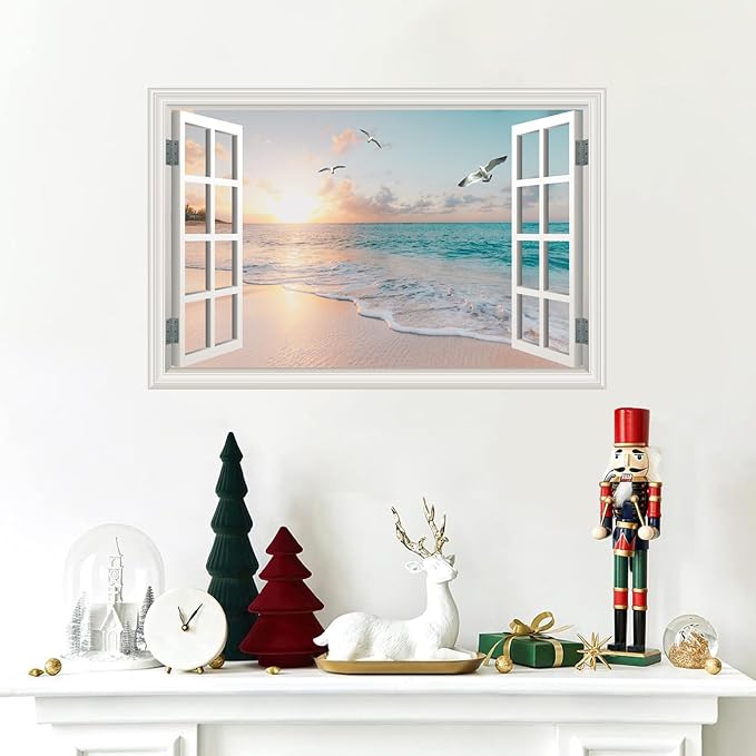 Fake Window Wall Mural Sticker -Summer Sunset Beach Open Wall Art Decal | Faux Window Natural Scenery Landscape Decorations｜Stick and Peel Decals｜for Room Bedroom Office Scene Picture Decor｜24"x16" - Image 7