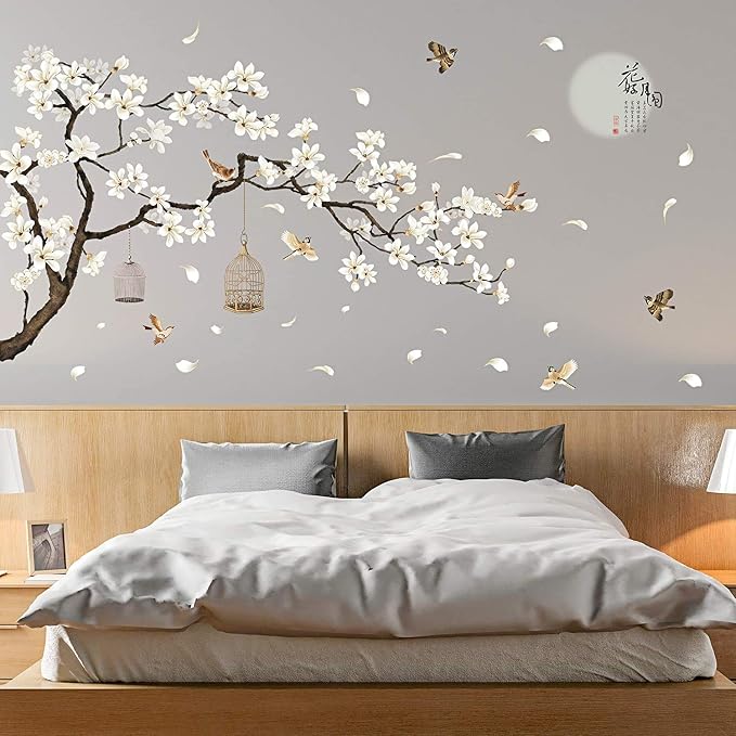 LiveGallery White Peach Blossm Flowers Wall Decals Removable DIY Tree Branches Birds Saying Art Decor Wall Stickers Murals for Living Room TV Background Kids Girls Rooms Bedroom 8 Sheets of 12"x18" by LiveGallery