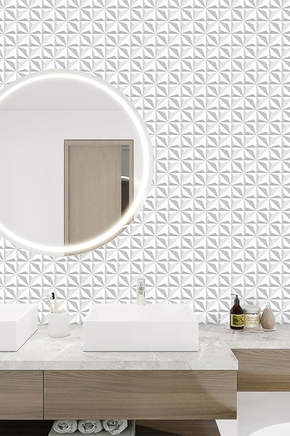 3D Flat Visual Effect Wallpaper Peel and Stick 23.6"x196.8" White Diamond Wallpaper Self-Adhesive Removable Wallpaper Effect Contact Paper Grey White - Image 5