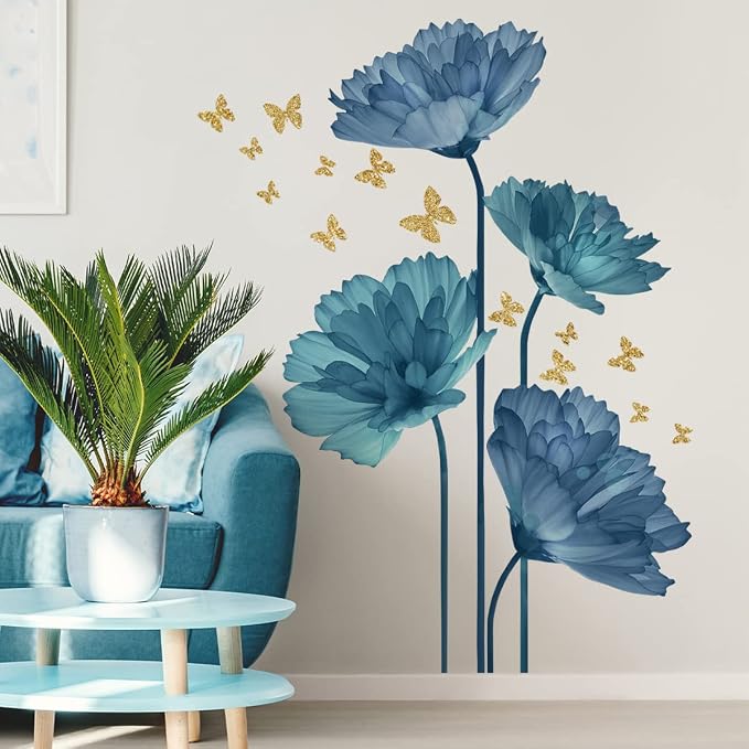 Runtoo Large Blue Flower Wall Decals Butterfly Floral Wall Stickers Backdrop for Living Room Bedroom Bathroom Wall Decor by Runtoo