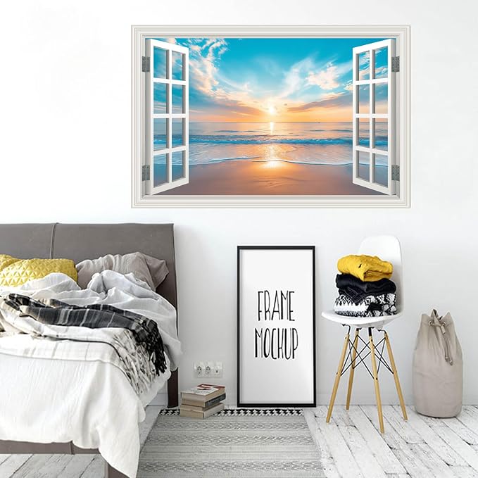Fake Window Wall Sticker Summer Sunset Seascape Ocean Beach Faux Window Poster Decal Picture Open Wall Art Decor, Stick and Peel Landscape Natural Scenery Canvas Scene Mural,16"x24" - Image 5