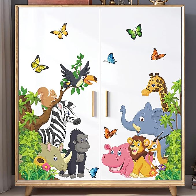 Supzone Cartoon Animal Wall Decal Jungle Animals Wall Stickers Elephant Lion Zebra Butterfly Wall Decor for Kids Baby DIY Vinyl Mural Art for Nursery Bedroom Living Room Playroom - Image 2