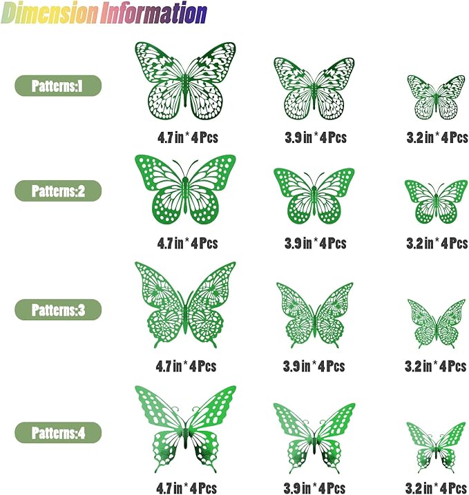 SAOROPEB 3D Butterfly Wall Decor 48 Pcs Dark Green Butterfly Decorations | 4 Styles 3 Sizes, Green Birthday Butterfly Party Decorations Butterfly Cake Decorations, Removable Stickers - Image 5