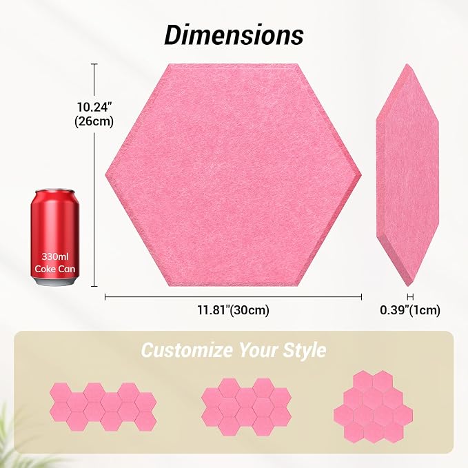 12 Pack High Density Hexagon Acoustic Panels, TONOR 12"x 10"x 0.4" Soundproof Wall Panels, Sound Absorbing Panels for Interior Wall Décor, Peel and Stick Modern for Studio, Office, Home, Pink - Image 4