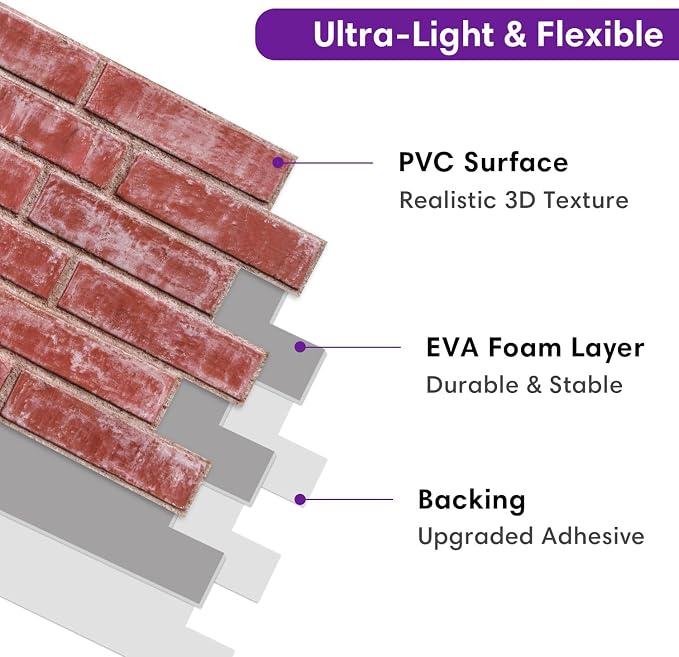 3D Faux Brick Wall Panels Peel and Stick, Designed for Quick DIY | Retro Red, 10 Pcs 15.7" x 11.8", Brick-Look, Ultra-Light PVC Fake Brick Covering Tiles for Wall Renovation, Cover 12.9 sq ft - Image 4