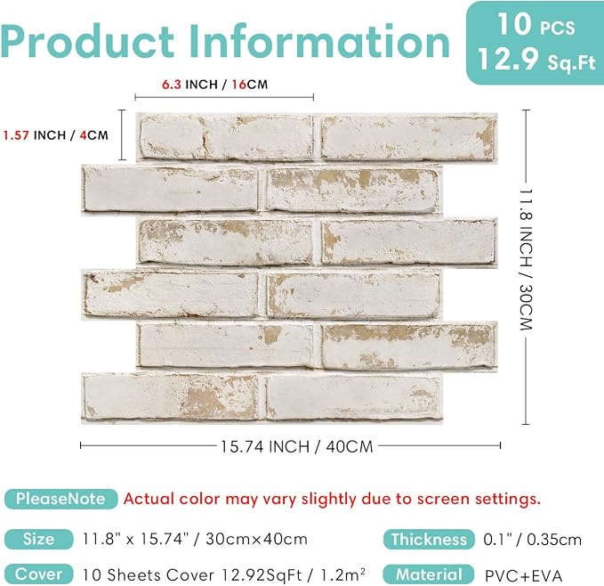 Commomy 3D Faux Brick Wall Panels - 10pcs 15.74" x 11.8" | Thin UrltraLight PVC Peel and Stick Brick Wall Covering for Quick DIY Interior Wall Decor,Not Real Brick (12.92 sq.ft) - Image 5