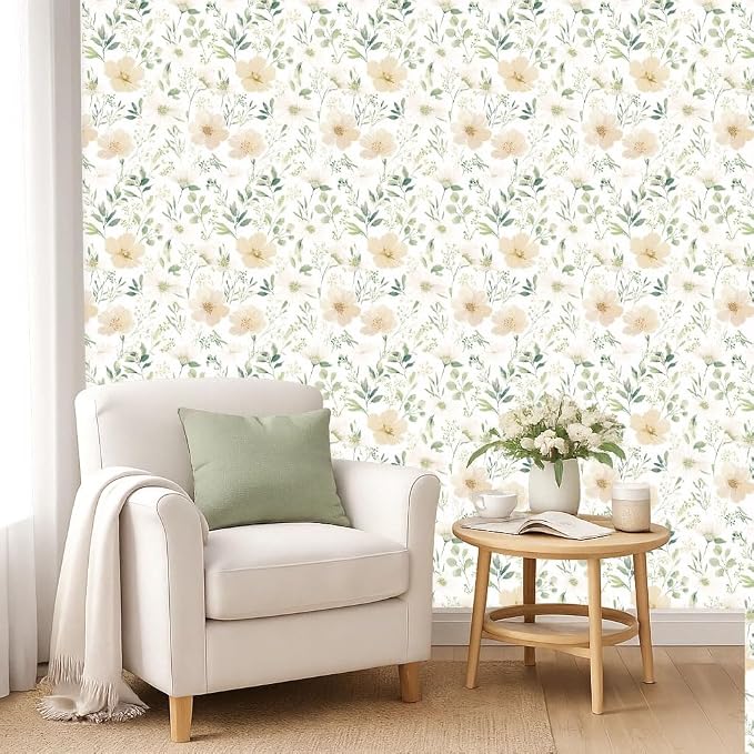 Floral Peel and Stick Wallpaper 17.7in x 70.8in | Watercolor flower removable self adhesive design for cottagecore bedroom accent walls - Image 2