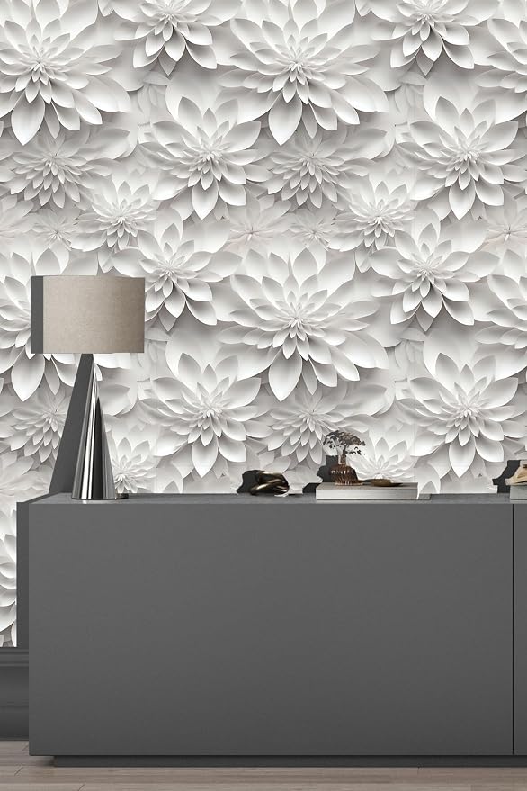 Peel and Stick Wallpaper White Gray Lotus Floral Accent - Image 4