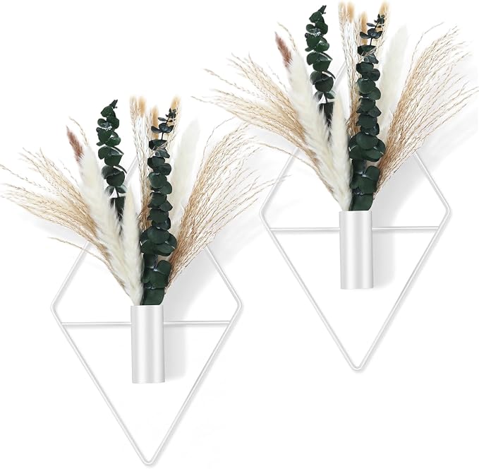 Canlierr 4 Pcs White Wall Decor Hanging Planters with Artificial Plants Eucalyptus Pampas Grass Metal Hanging Vase Indoor Plants Holder Modern Boho Wall Art for Bathroom Bedroom Living Room Decor by Canlierr