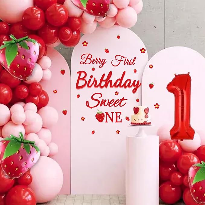 LHIUEM Berry First Birthday Sweet One Decals Baby Girl Sweet Stickers Gift 1st Strawberry Theme Decorations Red Berry Strawberry One First Happy Birthday Party Supplies for Balloon Arch Photo Backdrop - Image 5