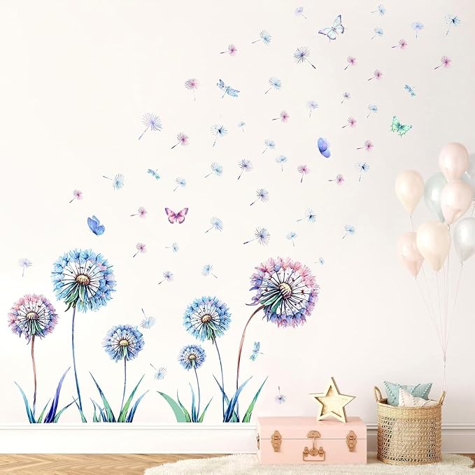LHIUEM Blue Dandelion And Butterfly Wall Decal, 8x10 Inch, Vinyl, For Walls, Living Room, Bedroom, Girls Room, Funny Style, Floral Pattern by LHIUEM