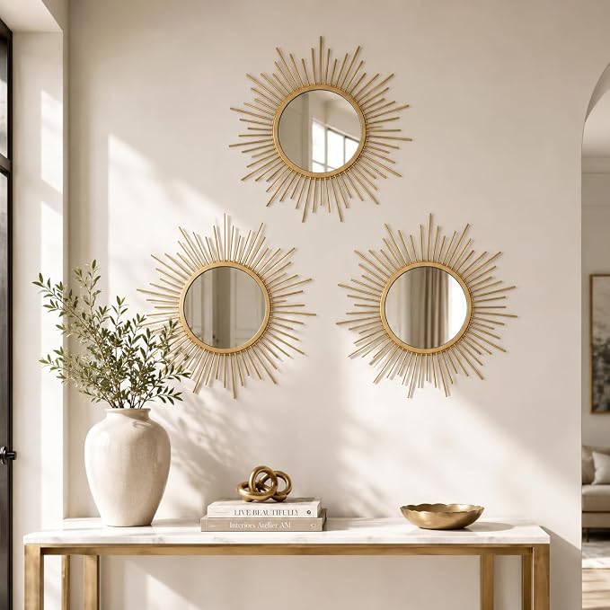 Gold Sunburst Mirror Set of 3, 3PCS Metal Round Decorative Wall Mirrors, Starburst Accent Mirror Wall Decor for Living Room, Bedroom, Entryway, Hallway & Bathroom - Image 3