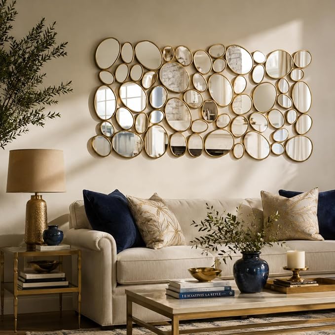 Gold Wall Mirrors Decorative - 51"x23" Large Modern Wall Mirror for Home Decor, 55 Pieces Multi-Size Pebble Design Metal Framed Accent Mirror for Entryway Bedroom Living Room Wall Art Decor - Image 5