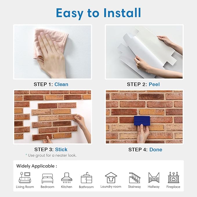 COMSTICKC 3D Faux Brick Wall Panels Peel and Stick Decorative Tiles | 10 Pcs 15.7" x 11.8", Yellow-toned Red, Not Real Brick, Ultra-Light Thin PVC 3D Fake Brick Sticker Wallpaper,Cover 12.9 sq ft - Image 8