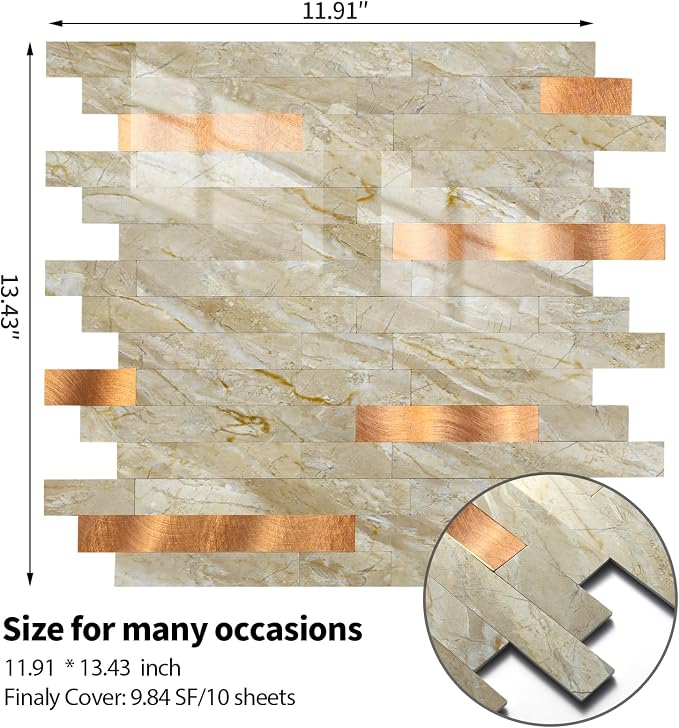 Yipscazo 1 Sheet Peel and Stick Stone Metal Tile Backsplash, Stick on Tiles for Backsplash Kitchen, Bathroom, Laundry Room, Camper, Fireplace (12'' X 12'', Polished Beige) - Image 5