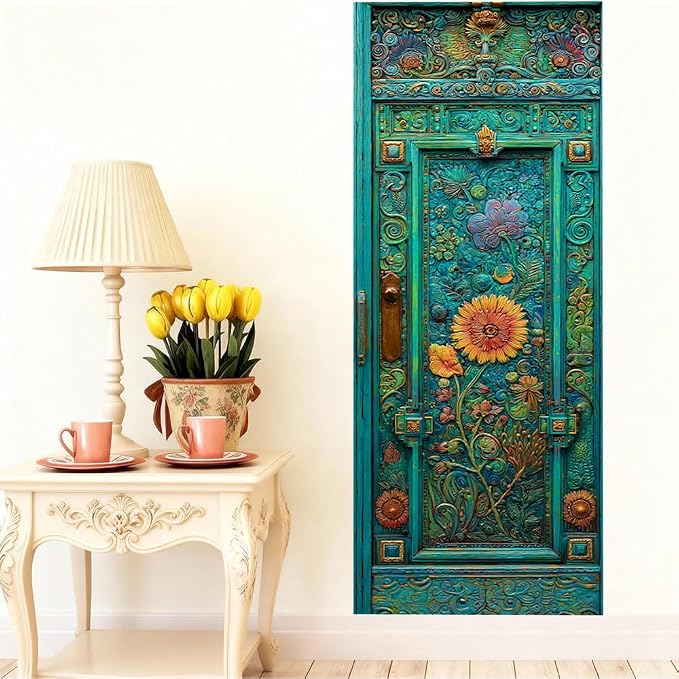 Vintage Floral Door Mural, Teal Ornate Door Decor | Waterproof PVC, 30.3" W x 78.7" L; turquoise floral design for entryway, bedroom, living room or office doors. - Image 4