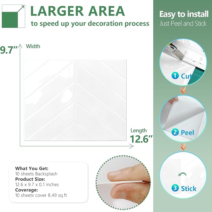STICKGOO Herringbone Peel and Stick Backsplash, Pure White, 10 Sheets | 12.6 x 9.7 in, Thicker Rectangular Vinyl Stick-On Wall Tiles, Easy Alignment, Waterproof, Easy to Clean, Kitchen/Bathroom - Image 6