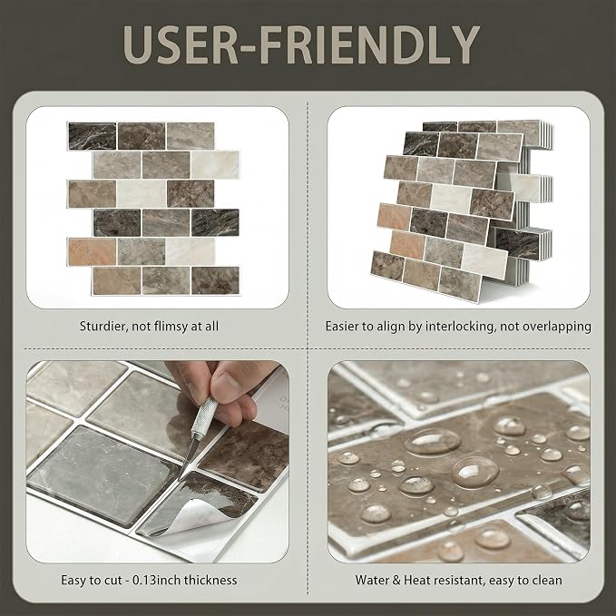 Arttown Peel and Stick 3D Wall Backsplash, 10-Sheet, 12" × 12" Brown Tan | Subway Tiles Self Adhesive Thicker Design Wall Tile Panel Wallpaper for Kitchen Balcony Bathroom Rental Housing - Image 6