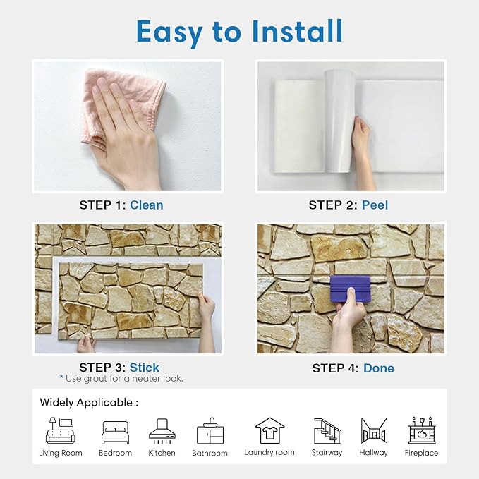 COMSTICKC 3D Faux Stone Wall Panels Peel and Stick Decorative Tiles | 12 Pcs 22.8" x 11.8", DIY UrltraLight PVC Fake Stone Wall Covering Stickers for Kitchen, Living Room, Covers 22.48 sq.ft - Image 8