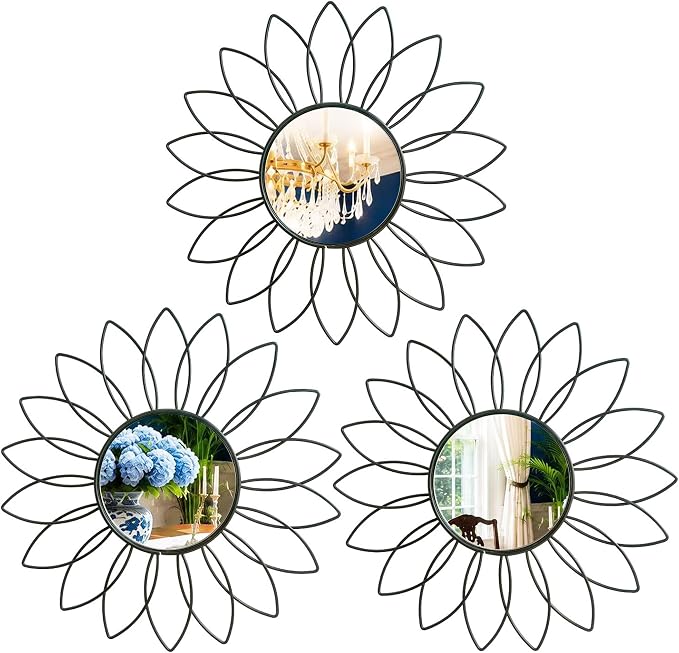 3 Pack Metal Mirrors for Wall Sunburst Wall Mirrors Home Décor Decorative Hanging Wall Art for Living Room Bedroom Entryway (Black2, Flowers) by Uaussi