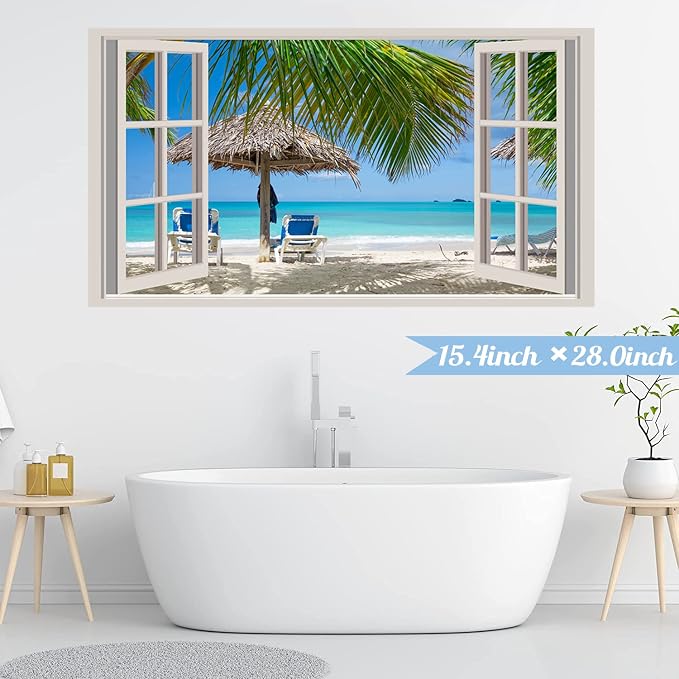 Beach Wall Sticker 3D Fake Windows Wall Stickers Beach Seascape Walls Decals Removable 3D Ocean Walls Decal Blue Sea Landscape Palm Tree Art Mural Vinyl Stickers for Bedroom Living Room Decoration - Image 4