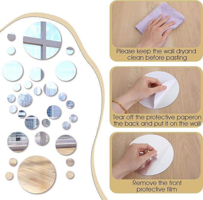 30 Pcs Round Mirror Tiles Self Adhesive, Mirror Wall Decals, Circular Glass Stick On Mirrors, Circle Mirrors for Wall Decor for Bedroom, Bathroom, Living Room, Door, 4 Sizes - Image 3