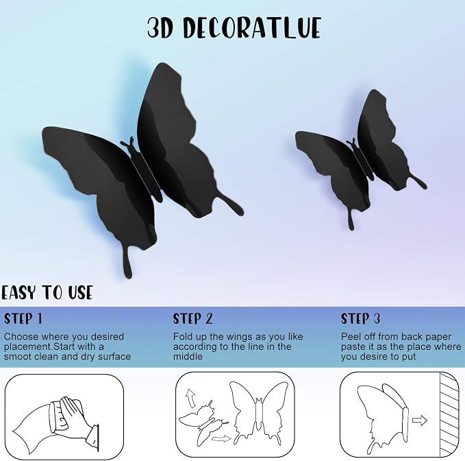 BBTO 48 Pcs 3D Butterfly Mirror Wall Decor,Black | Butterfly Stickers,3 Sizes,for Birthday Party Cake,Room Nursery Bathroom Wall Decor,Removable Peel Stick,Reflective - Image 4