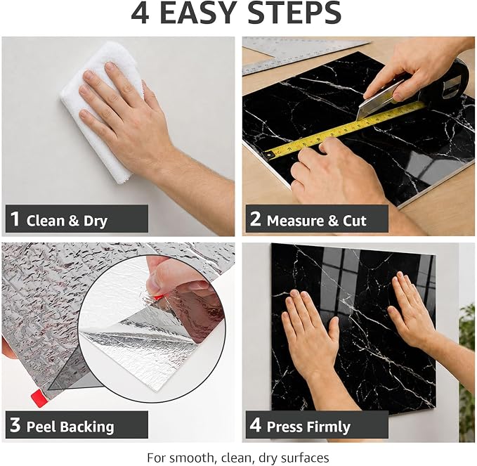 WADILE 20PC Waterproof Peel and Stick Wall Panels 11.8 x 11.8 Black | Marble look, Self adhesive, PVC Panels, Lightweight Foam Wall Panels, Bathroom, Kitchen, Not Real Tile - Image 4