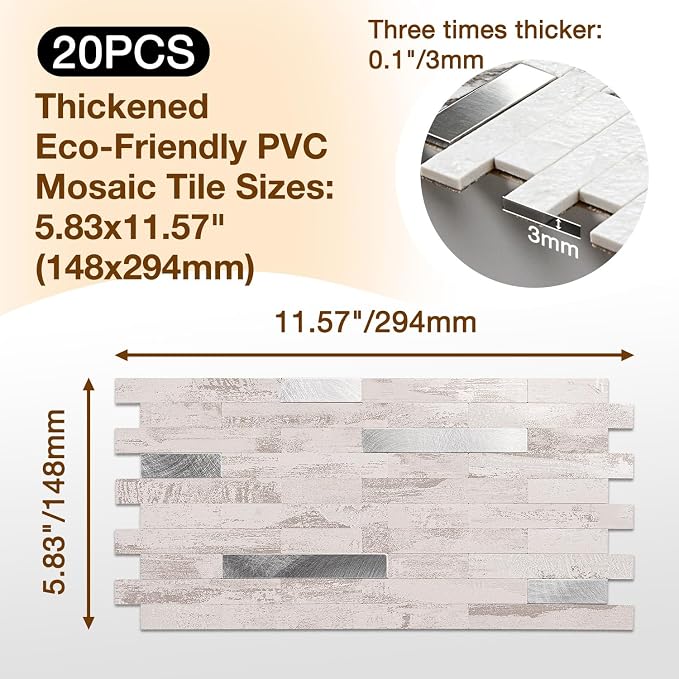 Peel and Stick Backsplash Tile Waterproof Removable PVC Wall Sticker 3D Faux Stone Marble Brick White Accent Panels (Polished Eurasia Silver - Gray, 20 Tiles - 9 sq. ft. (0.84 M²)) - Image 3