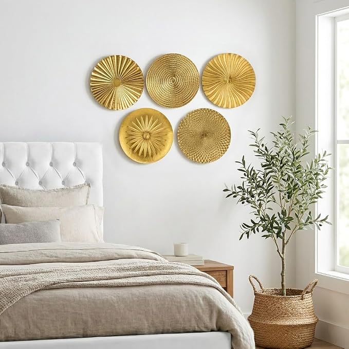 Briful 12" Gold Wall Décor Pack of 5 Metal Starbursts Radial Plate Wall Art Modern Accent Hanging Wall Decorations For Home Office Bedroom Or Living Room Sculptures - Image 5