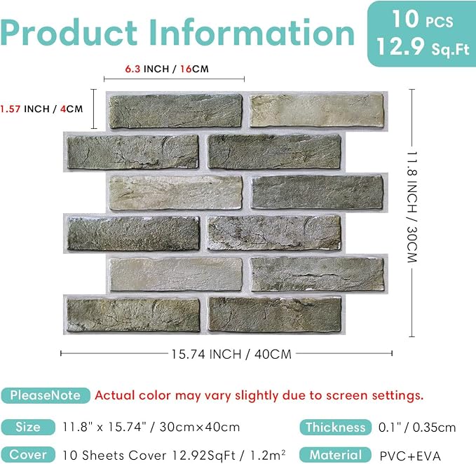 Commomy 3D Faux Brick Peel and Stick - 10pcs 15.74" x 11.8" | Thin UrltraLight PVC Fake Brick Wall Covering Brick Wallpaper for Quick DIY Interior Wall Decor,Not Real Brick (12.92 sq.ft) - Image 5