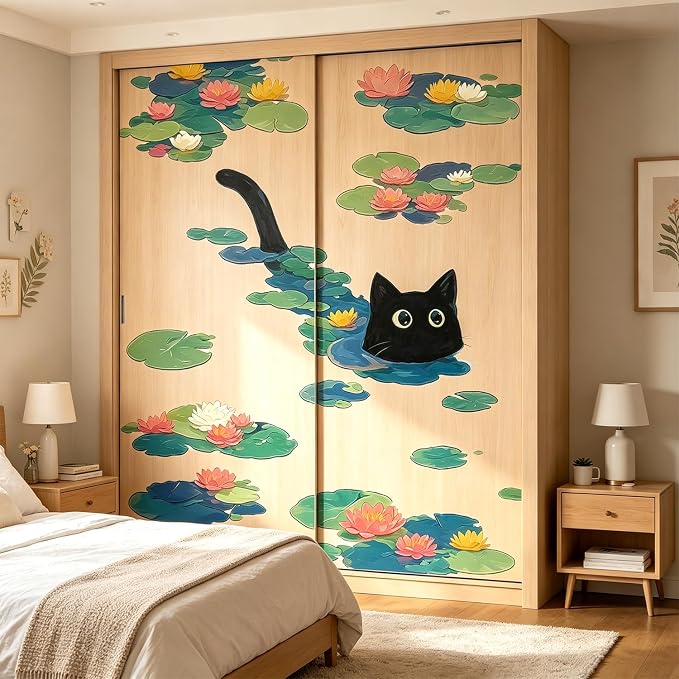 Black Cat Cute Kitten Water Lily Lotus Pond Wall Decals Peel and Stick | Adorable black cat swimming in water lily pond wall decal, removable peel-and-stick vinyl decor for bedroom bathroom nursery - Image 5
