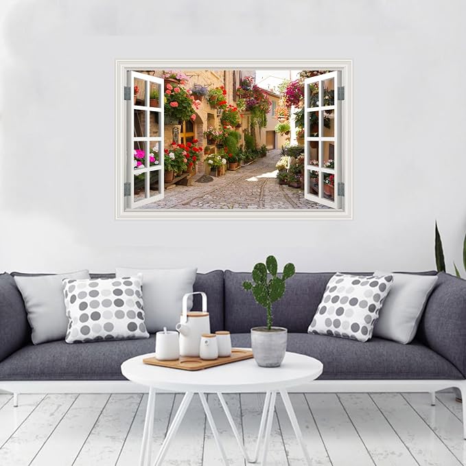 Fake Window Wall Decals Spring Italy Rose Alley Flower Wall Art Sticker | ｜Faux Window Natural Scenery Landscape Mural ｜ Stick and Peel Wall Decal｜for Room Bedroom Office Scene Picture Decor｜24"x16" - Image 3