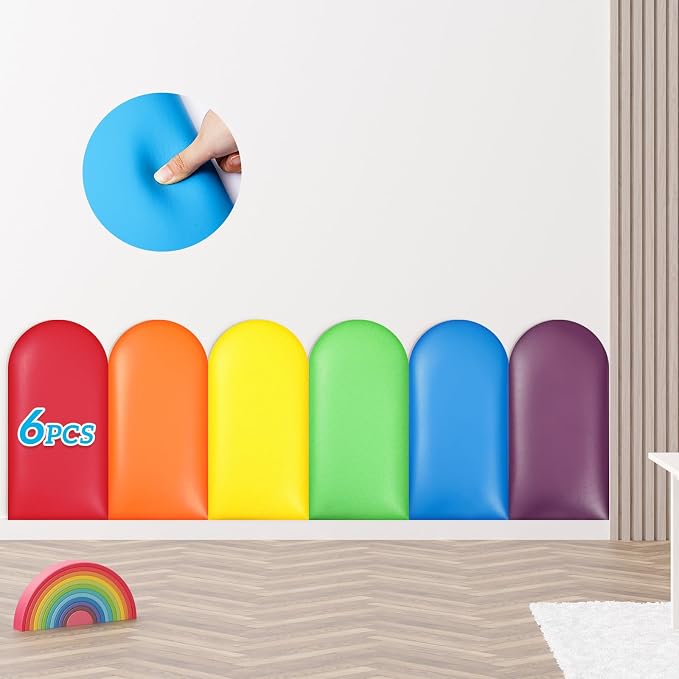 Jetec 6 Pcs Kids Wall Padding Panels, 1.18 Inch Thick Foam Wall Protector, 15.75 x 7.87 Inch Soft 3D Rainbow Safety Panels for Nursery & Playroom by Jetec