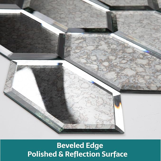Peel and Stick Beveled Antique Mirror Tile, Mirror Backsplash Tiles for Kitchen Bathroom Wall 4x6 Inch Long Hexagon 30 Pcs, 4.8 SQ.FT - Image 4