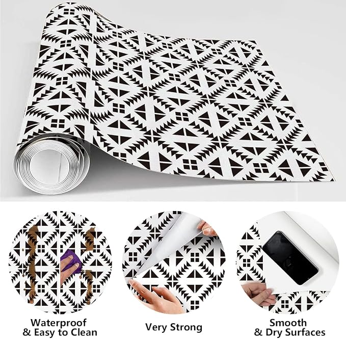 Jeweluck Black and White Geometric Peel and Stick Wallpaper 17.7” × 118.1” | Black and White Removable Wallpaper Peel and Stick Geometric Contact Paper Self Adhesive Wall Paper for Kitchen Vinyl Decor - Image 4