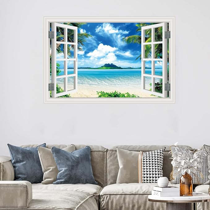 ‌Lmyhome Fake Window Wall Mural Blue Sky Ocean Beach (64"x48") | Peel and Stick Faux Window Wall Sticker Decal Poster for Bedroom Home Decor - Image 4
