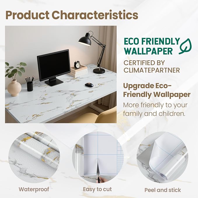 Marble Contact Paper Gold Extra Wide Peel and Stick for Kitchen Countertop | 35.4" x 118" Glossy White Granite Removable Wall Paper for Kitchen Countertop Cabinet Furniture - Image 2
