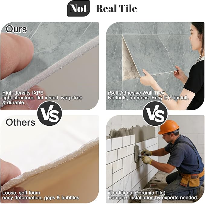 10pcs Peel and Stick Shower Tile Waterproof Marble Tiles Wall Panels | 11.8"X11.8" Grey Self-Adhesive Backsplash for Home Bathroom Kitchen Showers (Not Real Tile) - Image 5