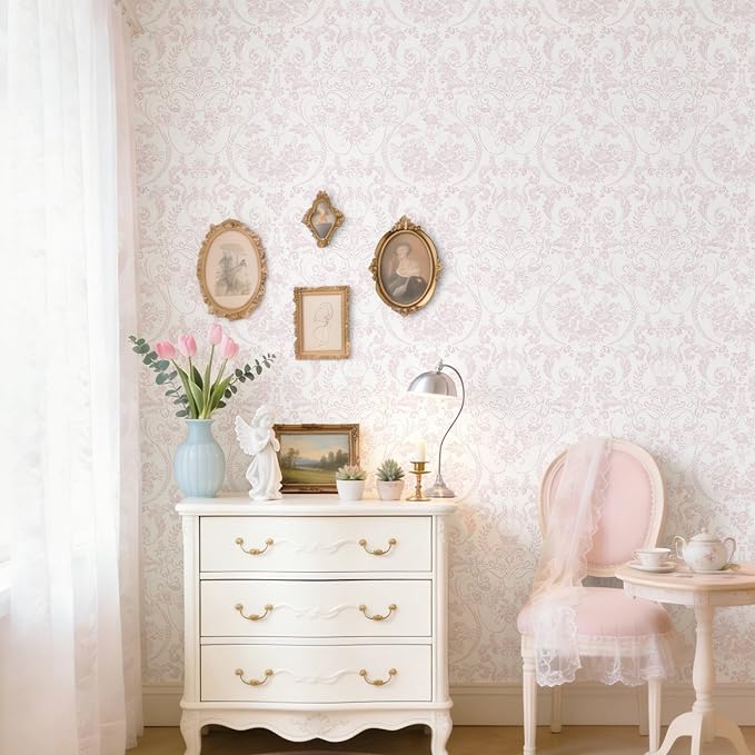 Ismoon Peel and Stick Wallpaper Pink Contact Paper 17.3in x 6.56ft Vintage Floral Wallpaper Boho Damask Removable Textured Wall Paper for Bedroom Bathroom Shelf Cabinet Décor - Image 7