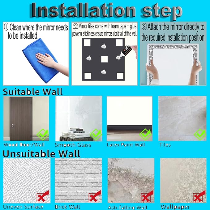 Crush Diamond Mirrors Wall Decor 6inch Mirror Tiles for Crafts, 8 Pack Square Silver Diamond Glass Mirrors for Home Wall Decor, Mosaics DIY. - Image 6