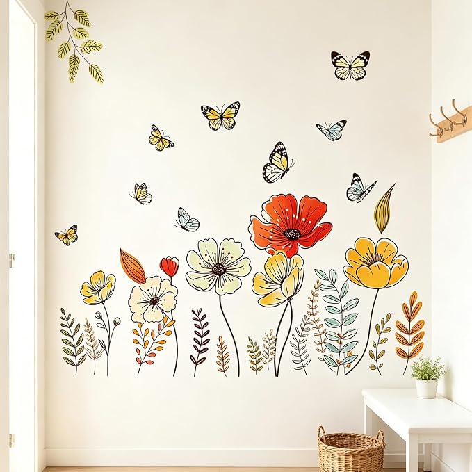 Boho Floral Flowers Wall Decals, Wildflower Butterfly Plants Wall Stickers | Rustic bohemia flowers leaves peel and stick wall decor, removable vinyl wall art mural decoration for bedroom living room - Image 6