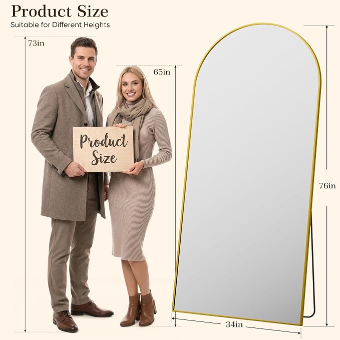 76"x34" Arched Full Length Mirror, Full Body Floor Mirror, Gold - Image 2