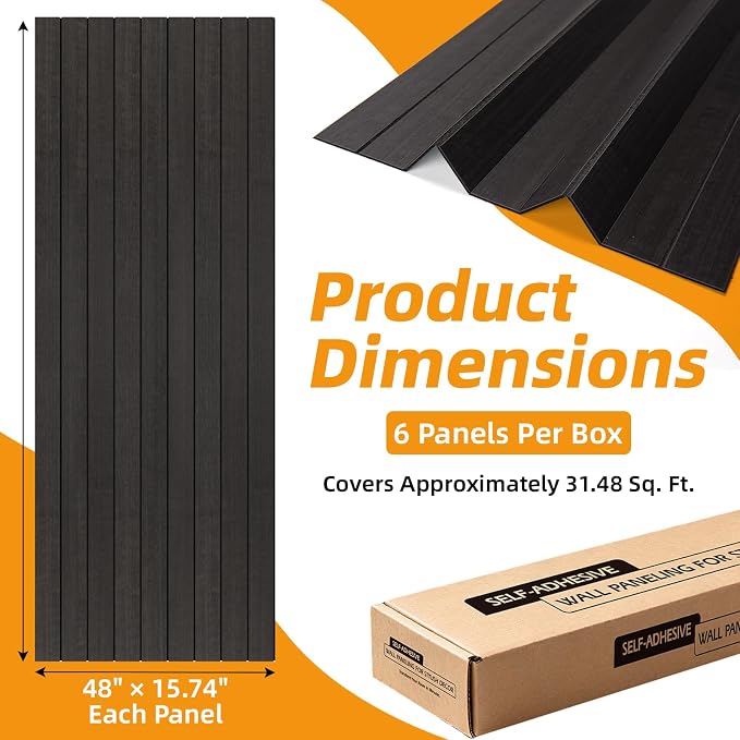 WOWSTAR 6-Pack Peel and Stick PVC Wood Slat Wall Panel，Thickened Wood Grain Wallpaper, 3D Wall Panels, 48" x15.74", Black Wood - Image 5