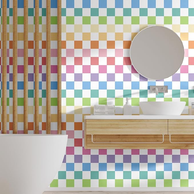 Drydiet Checkered Peel Stick Contact Paper Rainbow Color 15.75'' X 118" | Waterproof Self-adhesive Tile for Bathroom, Cabinet Walls, Vintage Gingham Funky Decor, Removable Peel off Wallpaper - Image 7