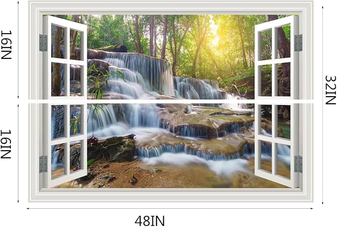 Fake Window Wall Mural Sticker Forest Tree Jungle Waterfall Faux Window Poster Decal Picture Open Wall Art Decor, Stick and Peel Landscape Natural Scenery Scene（48"x32",Set of 2 Sheets） - Image 2